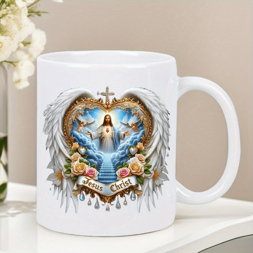 Tailorly White Ceramic 11 oz Mug - Jesus Christ Graceful White Wings Embracing A Sacred Glowing Golden Heart Jesus