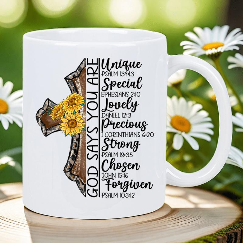 Tailorly White Ceramic 11 oz Mug - God Says You Are Unique Special Lovely Precious Strong Chosen Forgiven Rustic Wooden Religious Cross Decorated With Vibrant