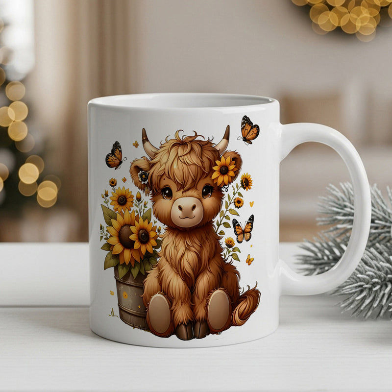 Tailorly White Ceramic 11 oz Mug - Adorable Fluffy Calf Resting Amidst Golden Sunflowers And Dancing Butterflies Highland Cow