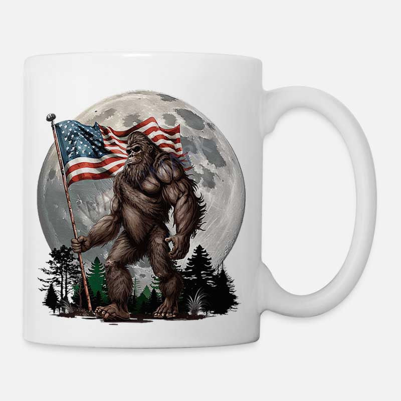 Tailorly White Ceramic 11 oz Mug - Muscular Sasquatch Holding American Flag In Pine Forest Under Full Moon Sasquatch