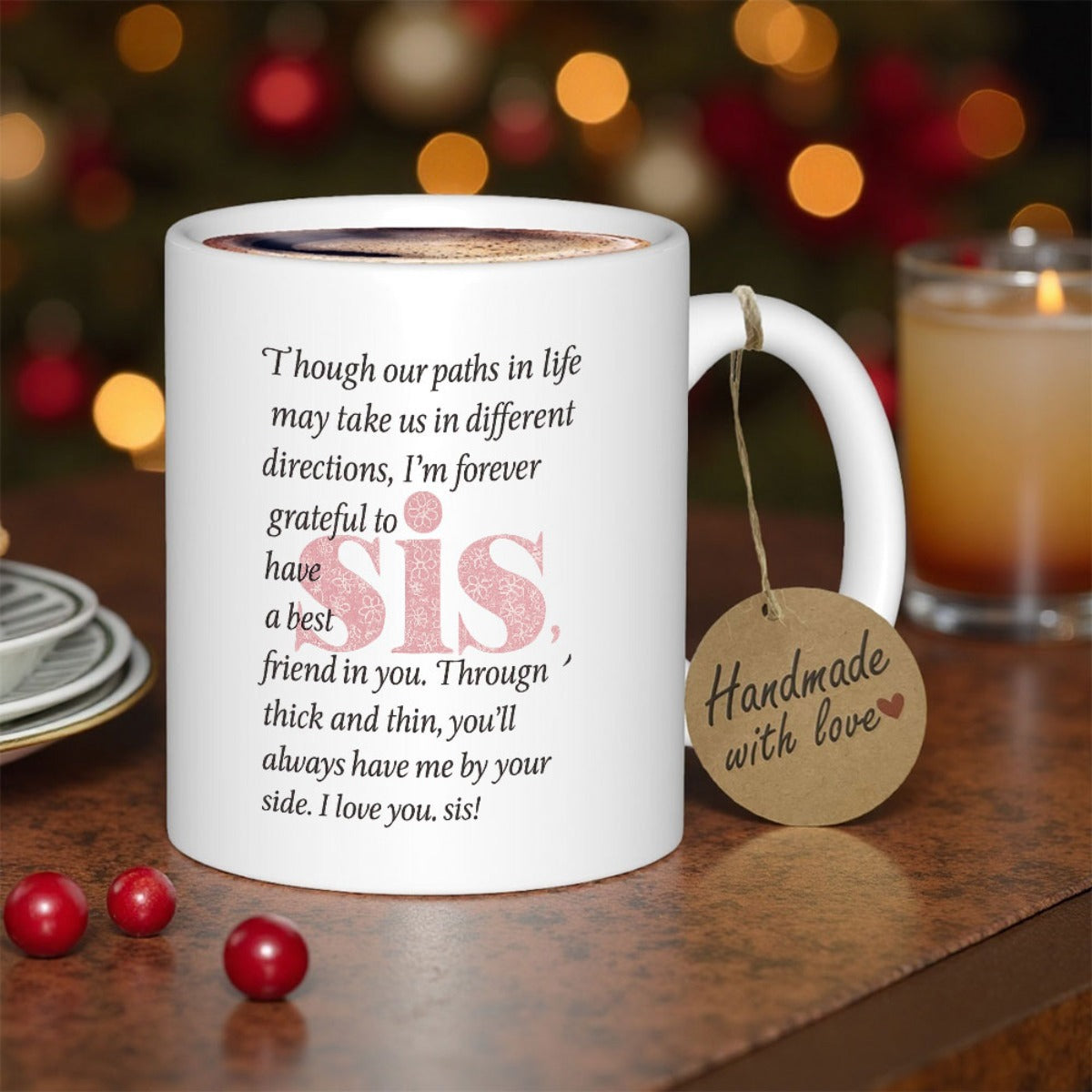 Tailorly White Ceramic 11 oz Mug - I Love You Sis Ceramic Surface With Pink Patterned Letters Among Soft Lights Mug