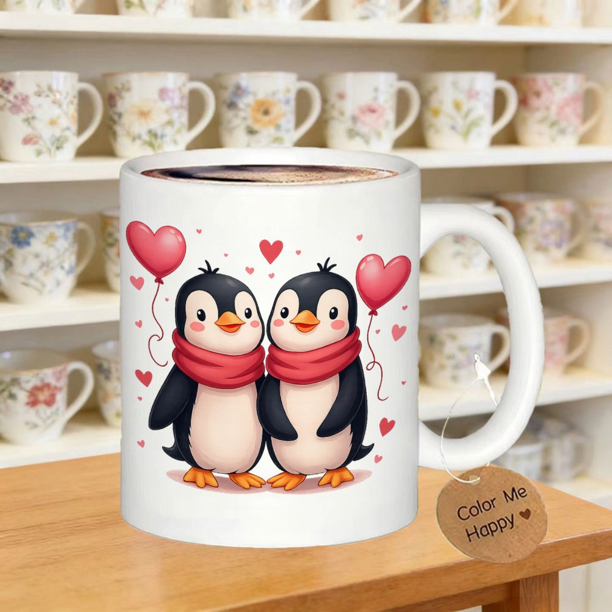 Tailorly White Ceramic 11 oz Mug - Color Me Happy Charming Cartoon Couple With Red Scarves And Floating Heart Balloons Penguin