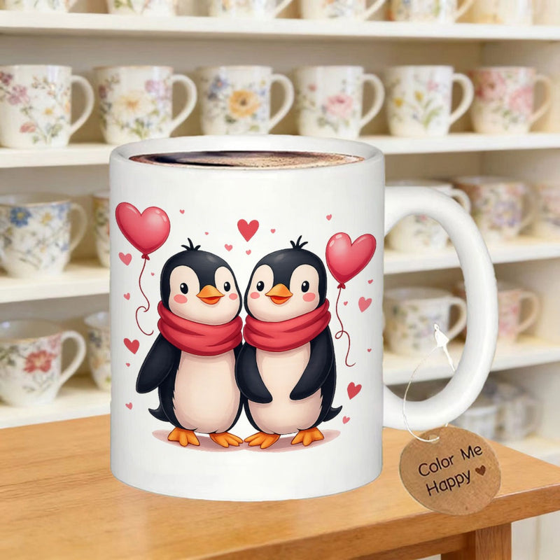 Tailorly White Ceramic 11 oz Mug - Color Me Happy Charming Cartoon Couple With Red Scarves And Floating Heart Balloons Penguin