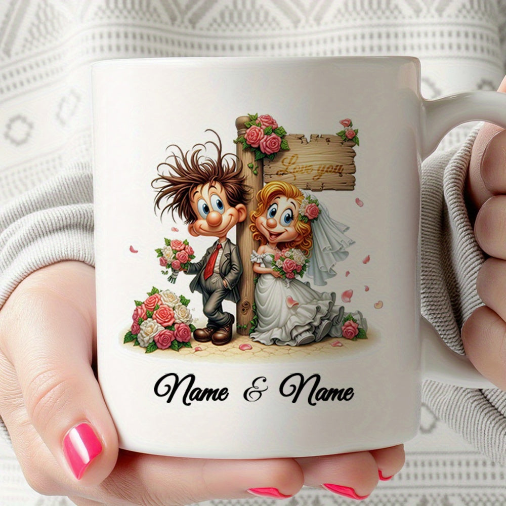 Tailorly White Ceramic 11 oz Mug - I Love You Adorable Cartoon Wedding Couple Standing Together Among Romantic Pink Floral Roses Couple