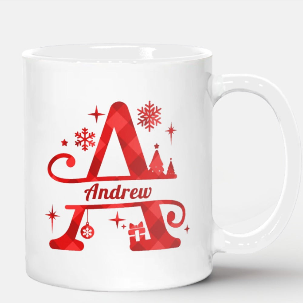 Tailorly White Ceramic 11 oz Mug - Andrew Festive Red Plaid Pattern Decorated With Snowflakes Stars And Christmas Tree Letter