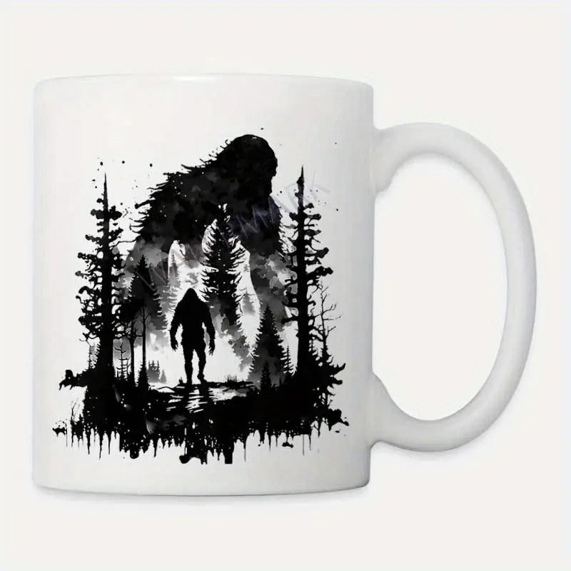 Tailorly White Ceramic 11 oz Mug - Mysterious Forest Silhouette Hidden Within A Large Walking Creature Bigfoot