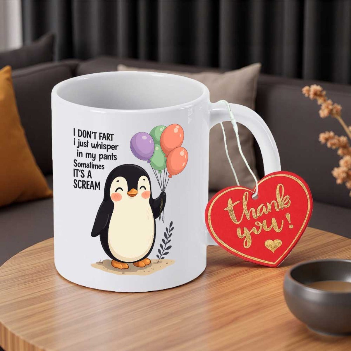 Tailorly White Ceramic 11 oz Mug - I Don't Fart I Just Whisper In My Pants Sometimes It's A Scream Adorable Cute Cartoon Bird Holding Vibrant Floating Colorful