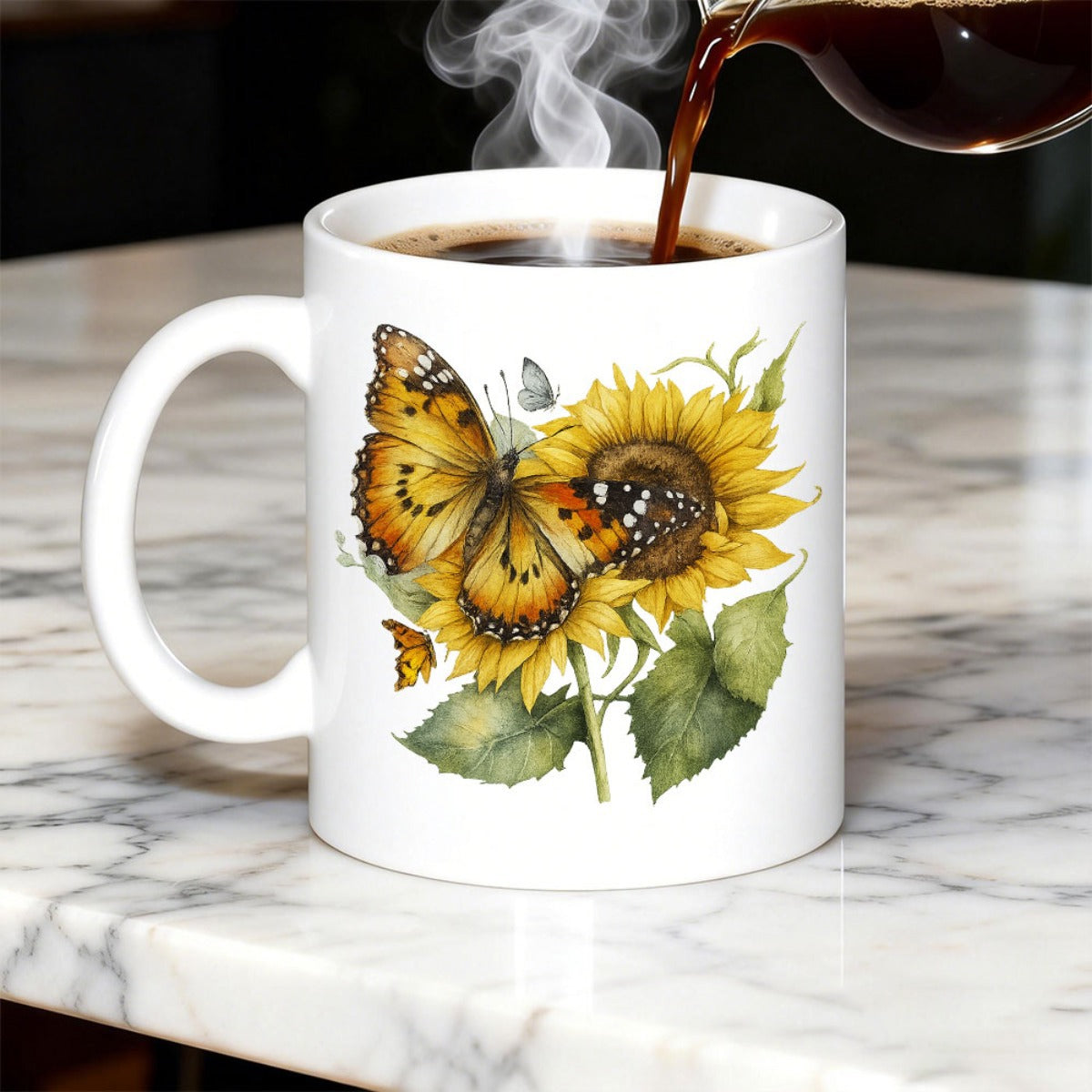 Tailorly White Ceramic 11 oz Mug - Vibrant Orange Wings Resting On A Sunlit Yellow Sunflower With Leaves Butterfly