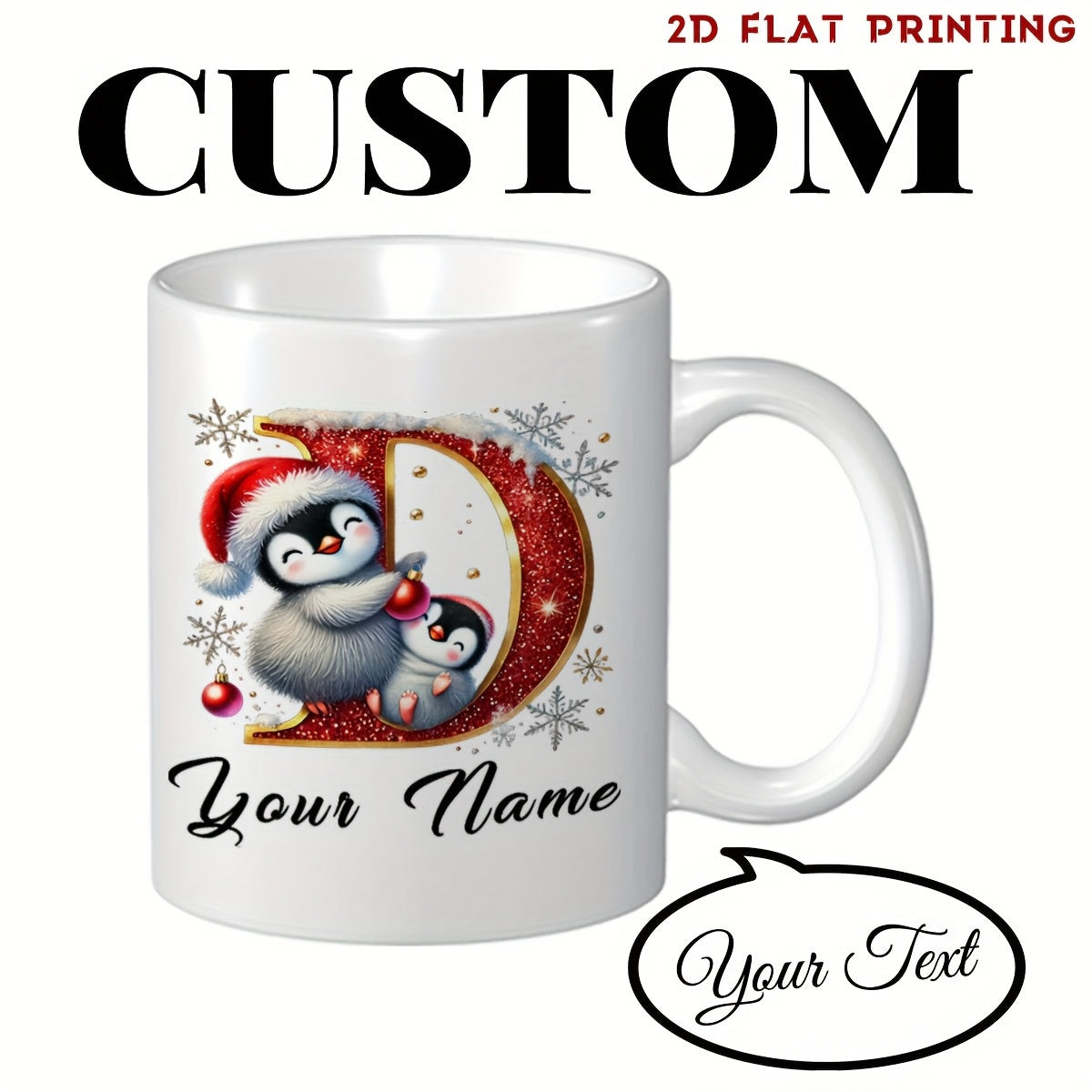 Tailorly White Ceramic 11 oz Mug - Your Name Cute Festive Penguins Wearing Santa Hat Under Snowflakes Beside Red Glitter Letter Penguin