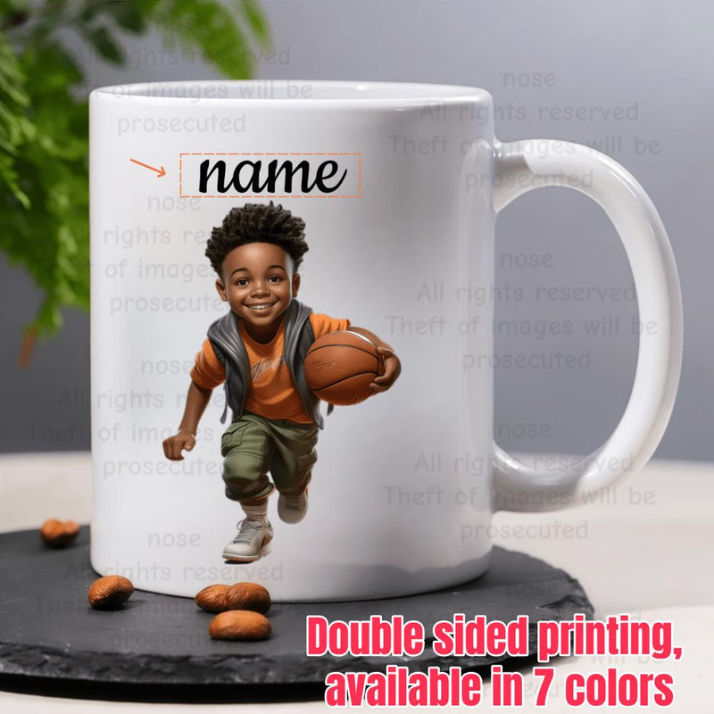 Tailorly White Ceramic 11 oz Mug - Name Energetic Young Boy Holding Basketball Running In Casual Sporty Clothes Boy