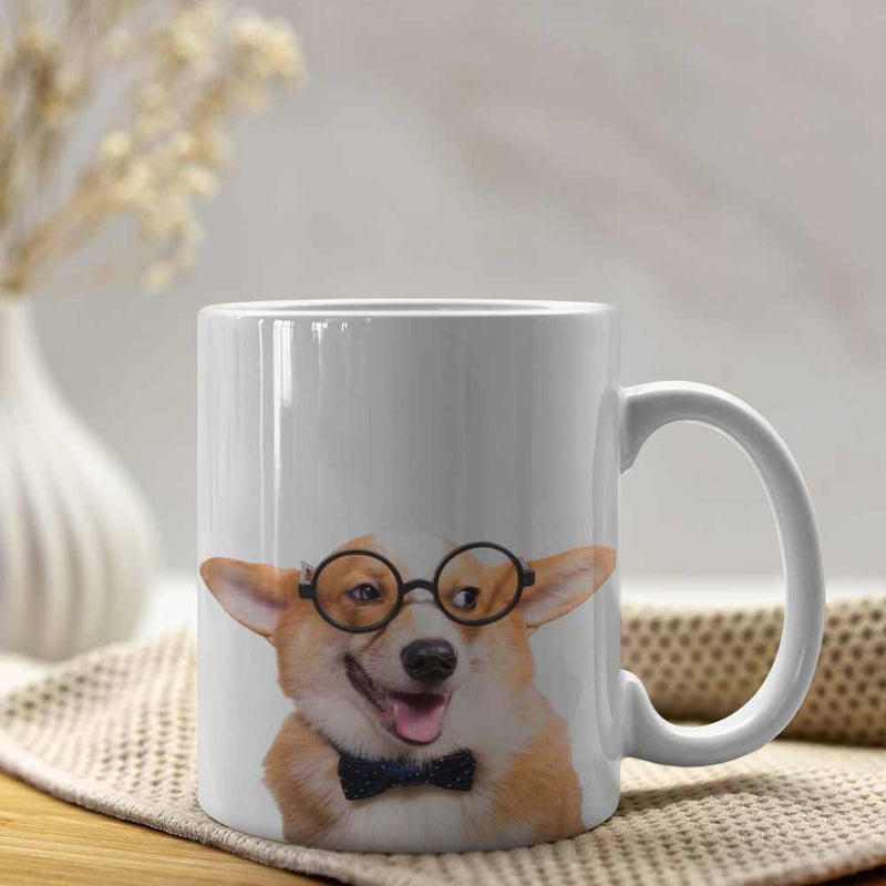Tailorly White Ceramic 11 oz Mug - Adorable Smiling Corgi Wearing Round Black Glasses And Bow Tie Corgi