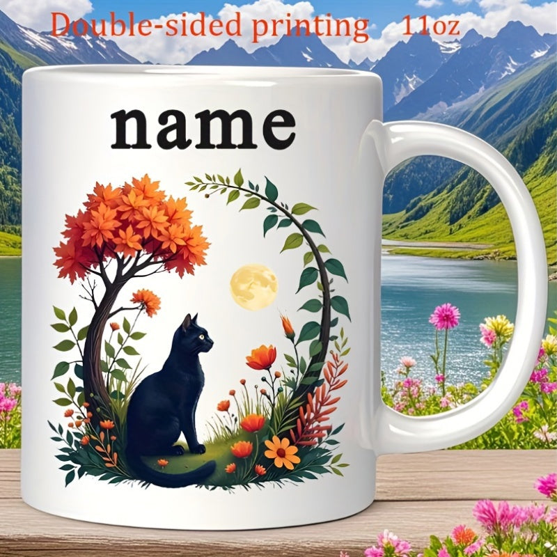 Tailorly White Ceramic 11 oz Mug - Name Serene Black Cat Resting Under Autumn Tree Beside Glowing Moon Cat