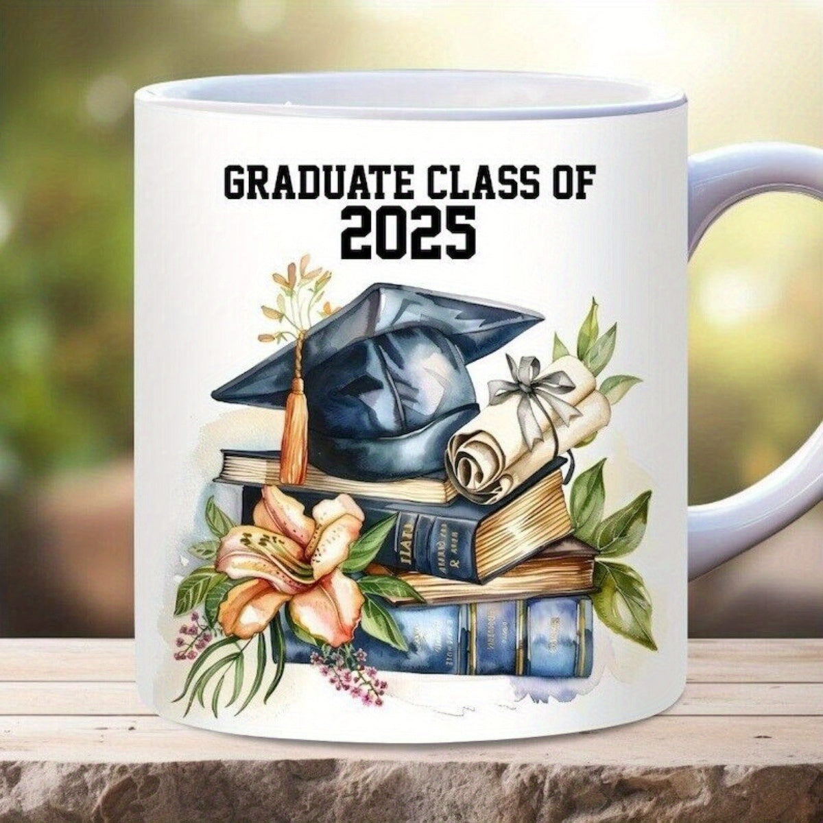 Tailorly White Ceramic 11 oz Mug - Graduate Class Of 2025 Classic Mortarboard Resting On Antique Books Decorated With Elegant Floral Blooms Mug