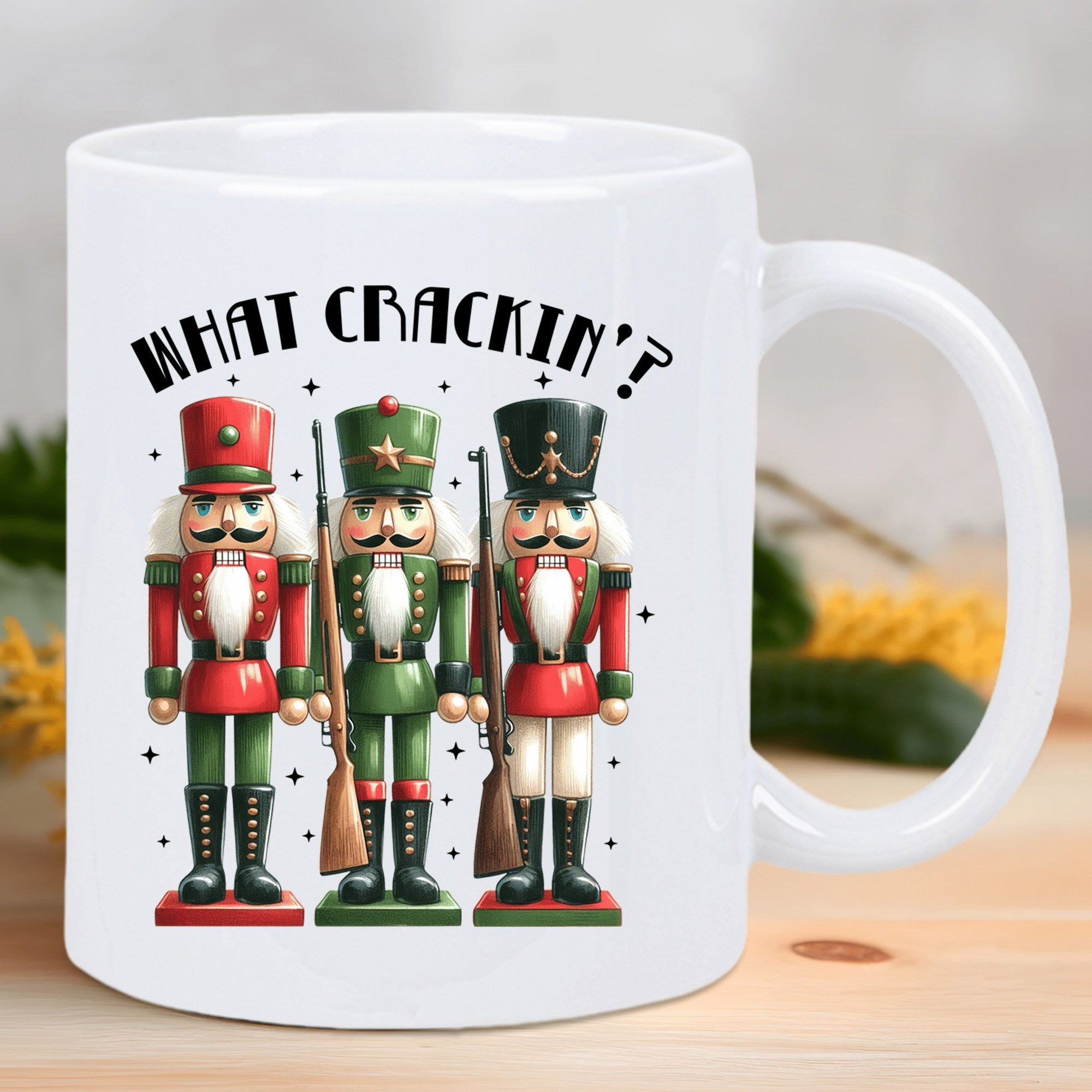 Tailorly White Ceramic 11 oz Mug - What Crackin Three Festive Soldiers Standing Proudly With Colorful Detailed Uniforms Under Starry Dots Nutcracker