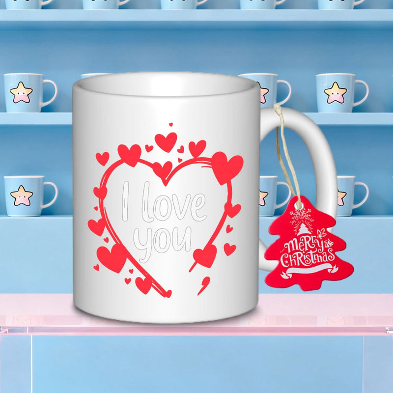 Tailorly White Ceramic 11 oz Mug - I Love You Vibrant Red Artistic Hearts Floating Around A Large Central Outline Heart