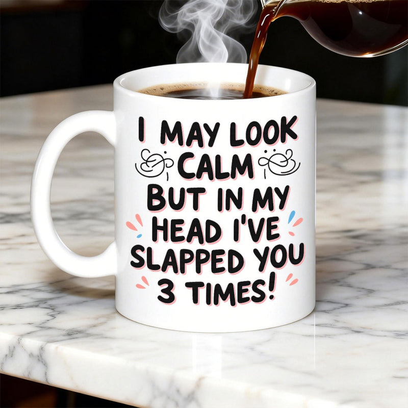 Tailorly White Ceramic 11 oz Mug - I May Look Calm But In My Head Ive Slapped You 3 Times Minimalist White Ceramic Piece With Humorous Sarcastic Quote And Small