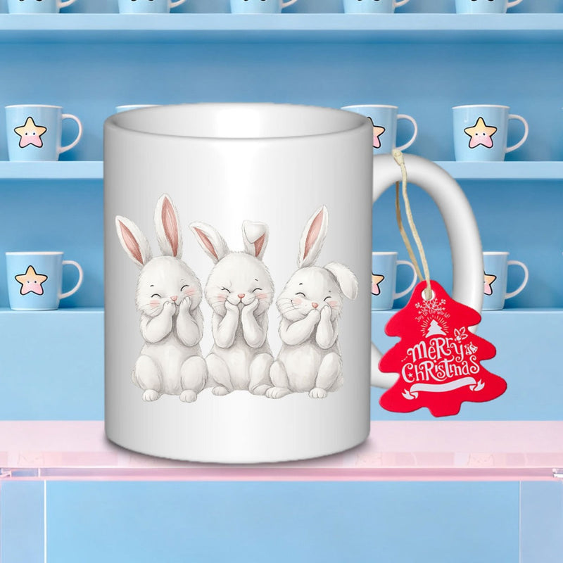 Tailorly White Ceramic 11 oz Mug - Merry Christmas Three Adorable White Bunnies Sitting Together With Joyful Expressions Among Winter Charm Rabbit