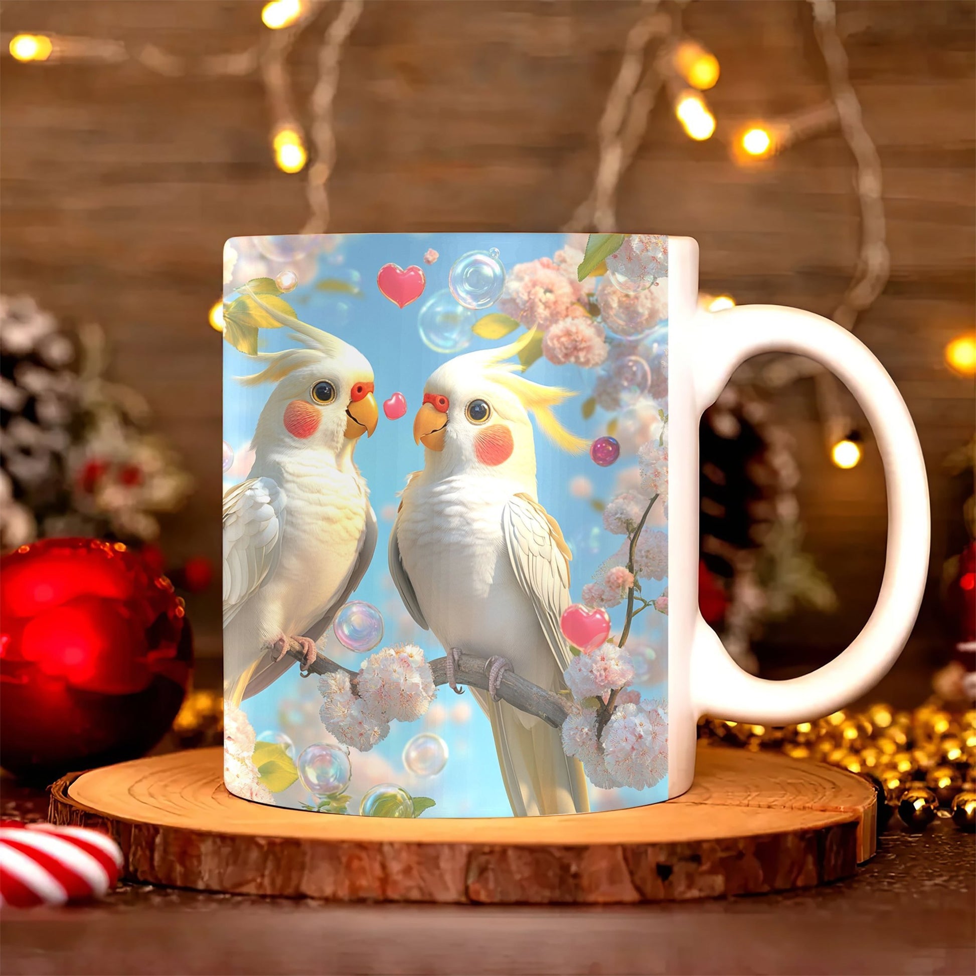 Tailorly White Ceramic 11 oz Mug - Two Charming Birds Perched On Spring Flowers Under Sunny Skies Cockatiel