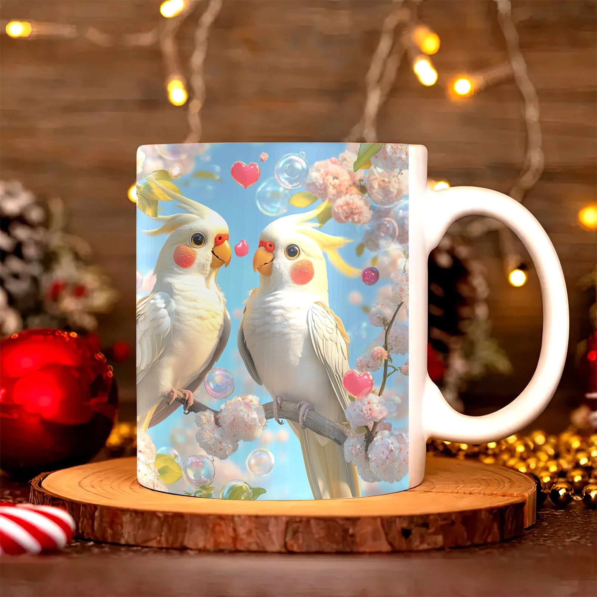 Tailorly White Ceramic 11 oz Mug - Two Charming Birds Perched On Spring Flowers Under Sunny Skies Cockatiel
