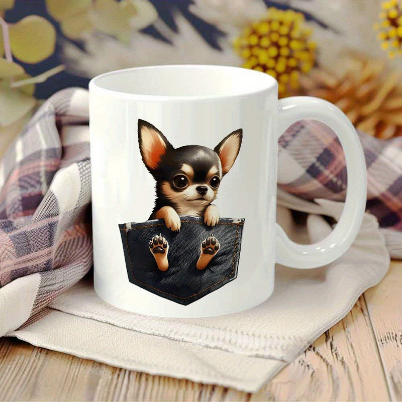 Tailorly White Ceramic 11 oz Mug - Adorable Tiny Chihuahua Sitting Inside A Dark Denim Pocket With Paws Dog