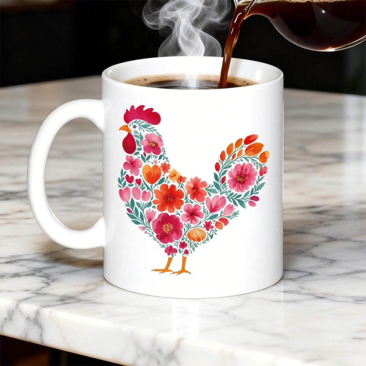 Tailorly White Ceramic 11 oz Mug - Vibrant Floral Silhouette Filled With Blooming Flowers And Green Leaves Decorative Rooster
