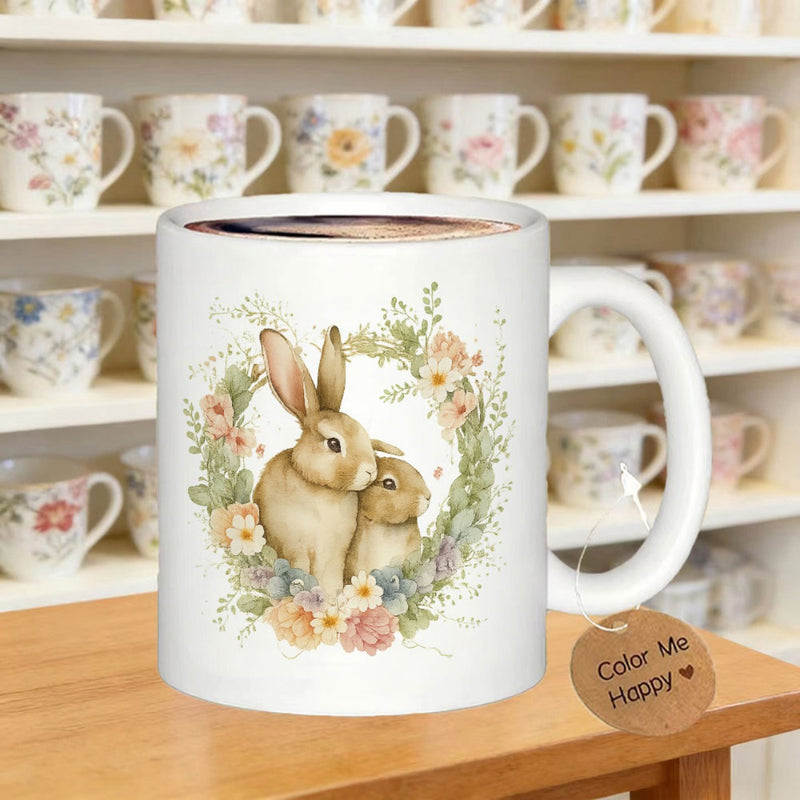 Tailorly White Ceramic 11 oz Mug - Color Me Happy Two Cute Watercolor Bunnies Snuggled Within Elegant Soft Pastel Floral Wreath Rabbit