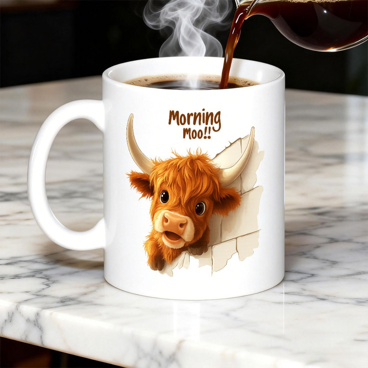 Tailorly White Ceramic 11 oz Mug - Morning Moo Adorable Shaggy Highland Cow Peeking Over A Rustic Stone Wall Cow