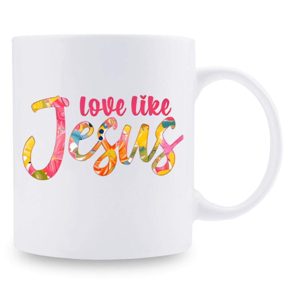 Tailorly White Ceramic 11 oz Mug - Love Like Jesus Vibrant Floral Patterns Filling Large Artistic Script Lettering