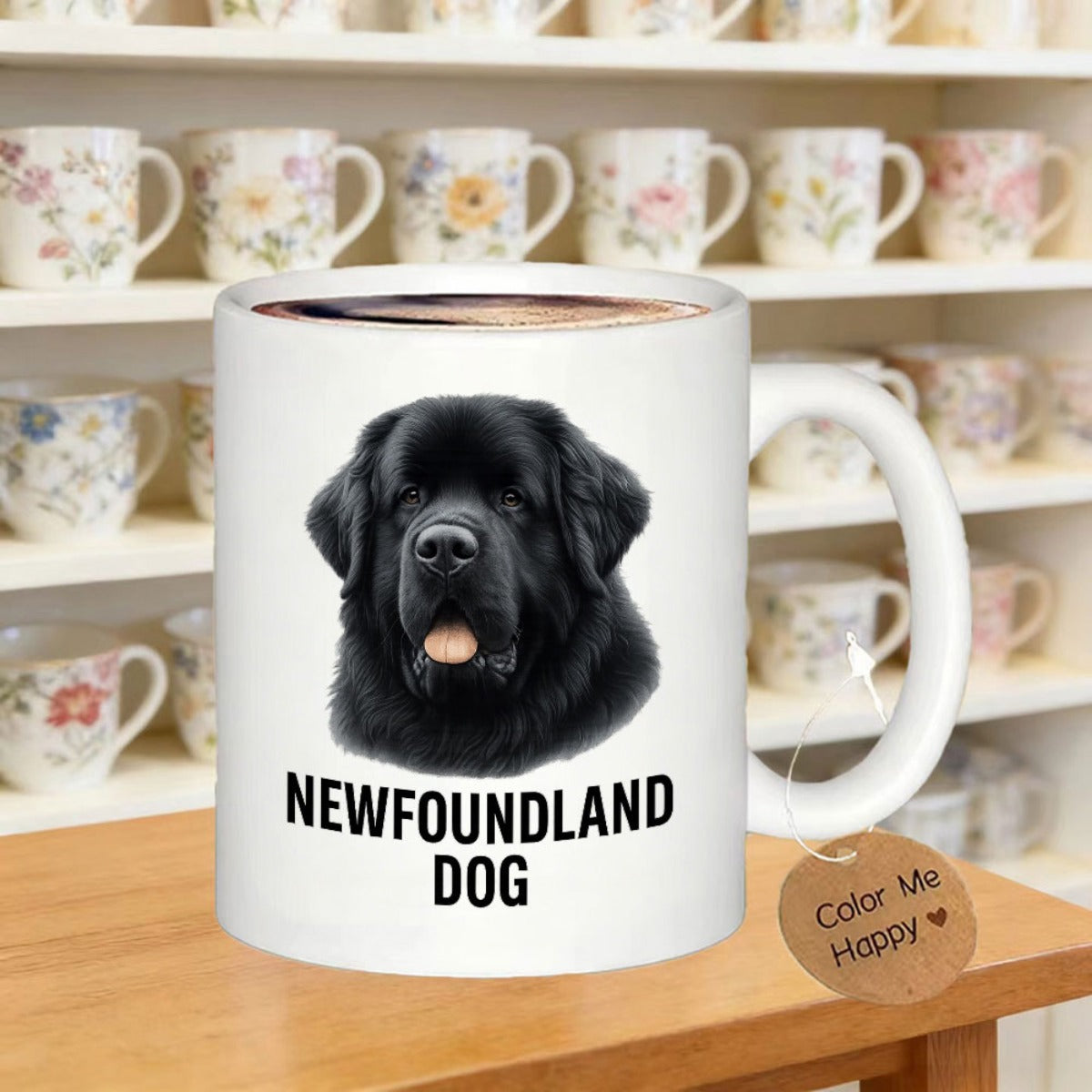 Tailorly White Ceramic 11 oz Mug - Newfoundland Dog Color Me Happy Majestic Black Fur Portrait Featuring A Gentle Loyal Fluffy Mountain Canine Dog