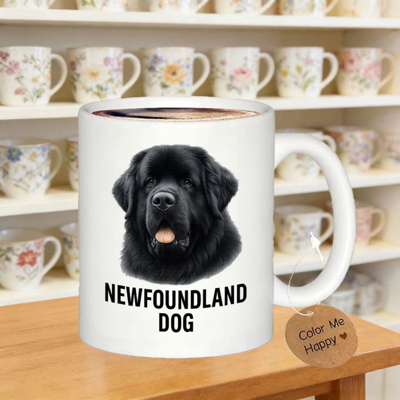 Tailorly White Ceramic 11 oz Mug - Newfoundland Dog Color Me Happy Majestic Black Fur Portrait Featuring A Gentle Loyal Fluffy Mountain Canine Dog