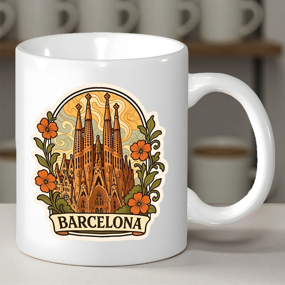 Tailorly White Ceramic 11 oz Mug - Barcelona Vintage Architectural Illustration With Blooming Flowers And Ornate Spiraling Towers Cathedral