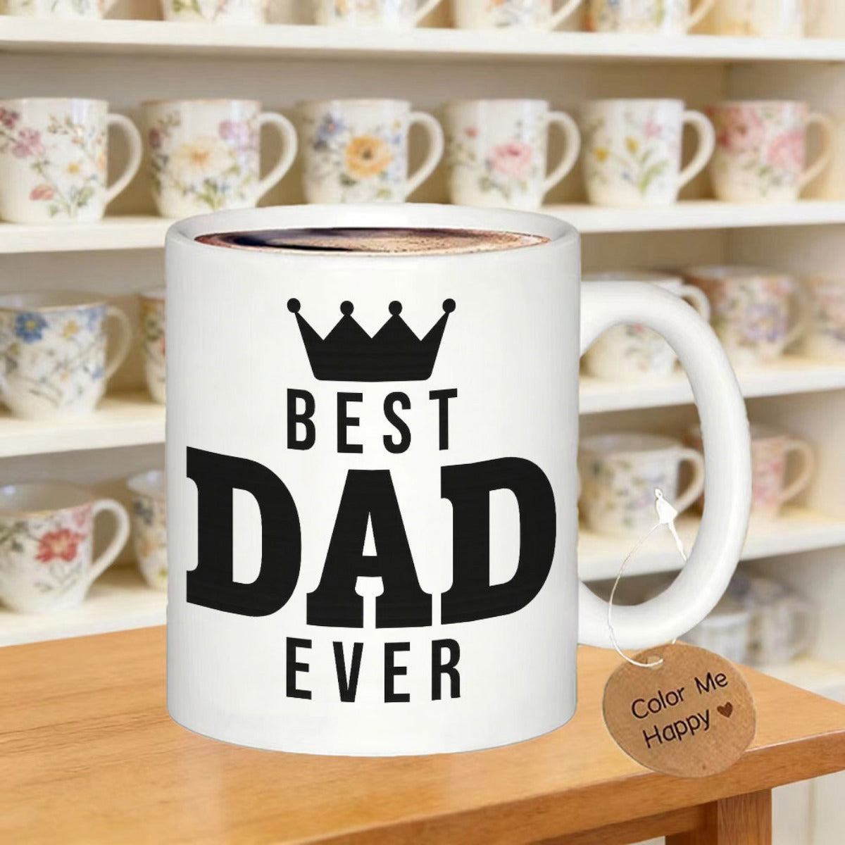 Tailorly White Ceramic 11 oz Mug - Best Dad Ever Minimalist Black Crown Above Bold Clean Typography Printed Design Mug