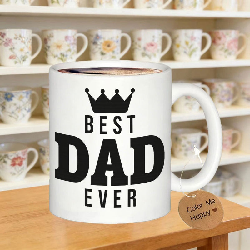 Tailorly White Ceramic 11 oz Mug - Best Dad Ever Minimalist Black Crown Above Bold Clean Typography Printed Design Mug