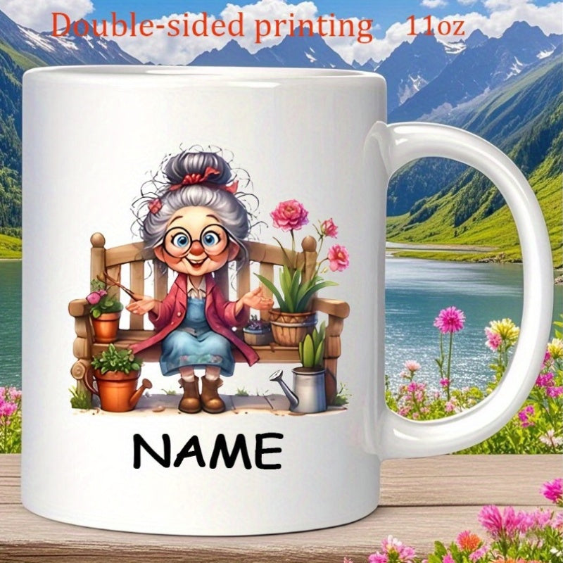 Tailorly White Ceramic 11 oz Mug - Name Cheerful Elderly Woman Sitting On Garden Bench With Vibrant Potted Flowers Grandmother