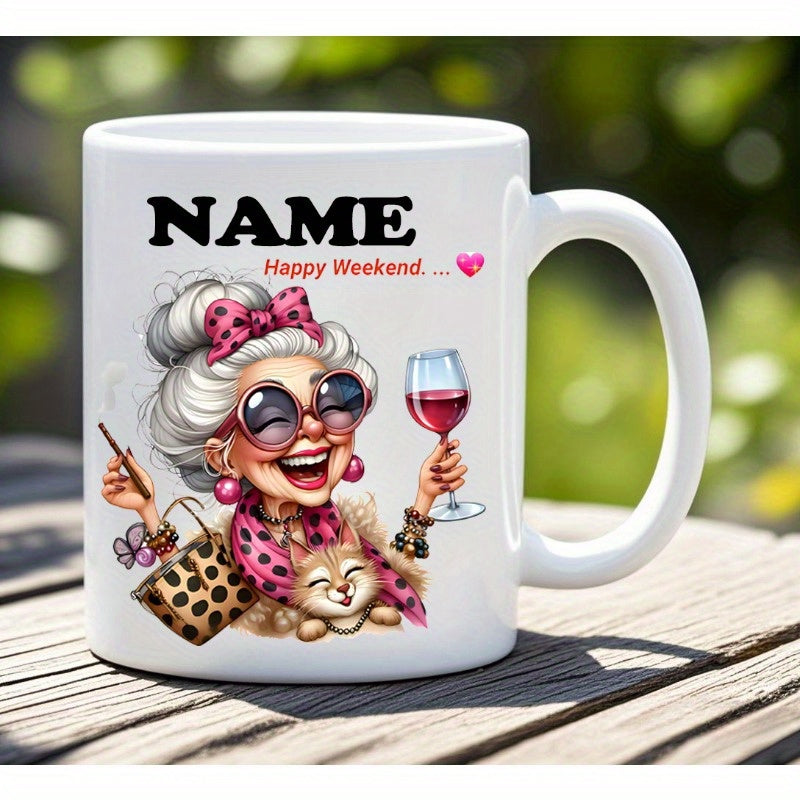 Tailorly White Ceramic 11 oz Mug - Happy Weekend Elegant Stylish Old Lady Holding Red Wine With Friendly Cat Grandmother