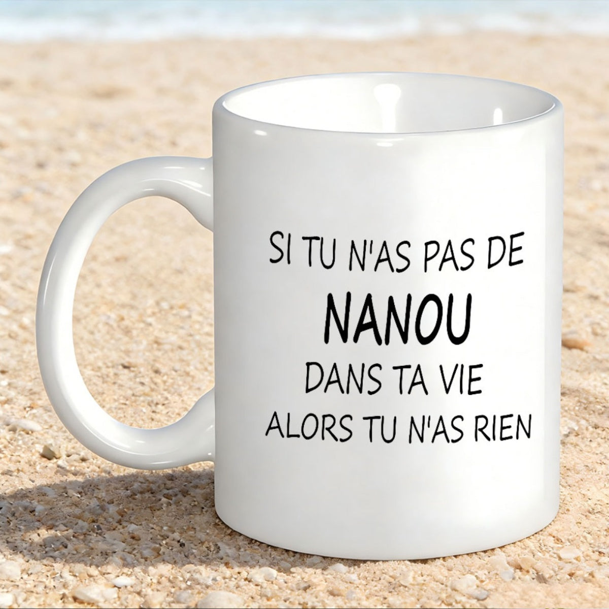 Tailorly White Ceramic 11 oz Mug - Polished White Ceramic Coffee Vessel Placed On Warm Natural Beach Sand Mug