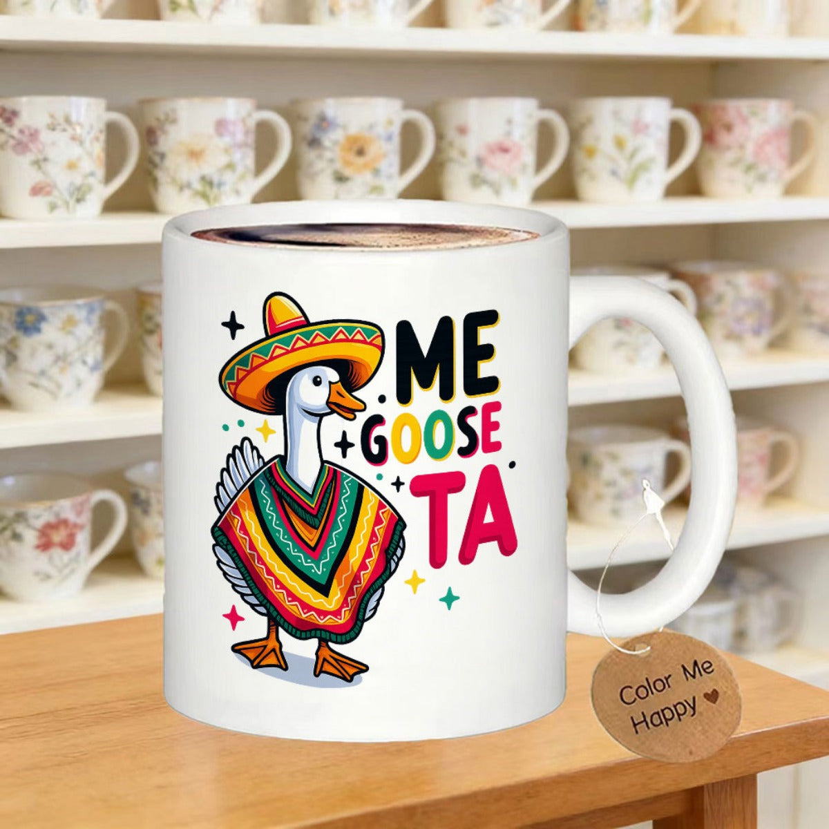 Tailorly White Ceramic 11 oz Mug - Me Goose Ta Playful Cartoon Wearing A Bright Sombrero And Colorful Mexican Serape Goose