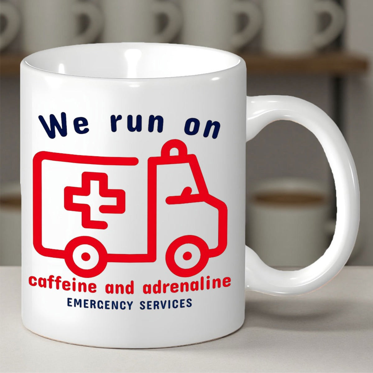 Tailorly White Ceramic 11 oz Mug - We Run On Caffeine And Adrenaline Emergency Services Red Outlined Vehicle Design Featuring A Medical Cross And Emergency Siren