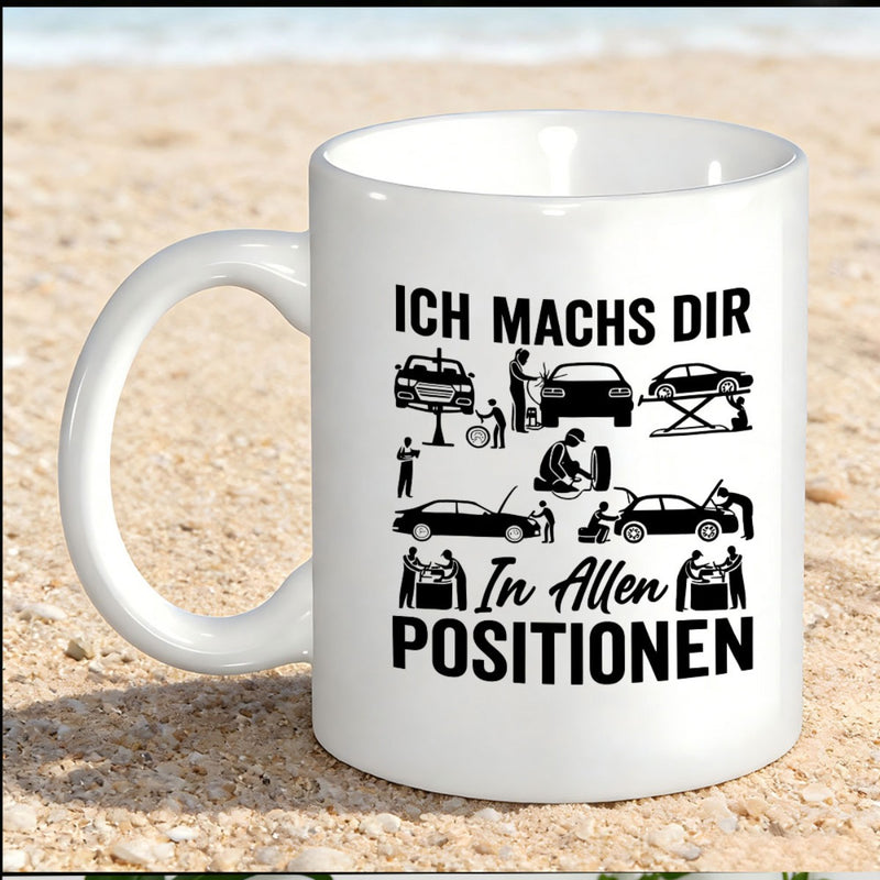 Tailorly White Ceramic 11 oz Mug - Silhouetted Professional Workers Repairing Various Cars Inside A Busy Garage Mechanic