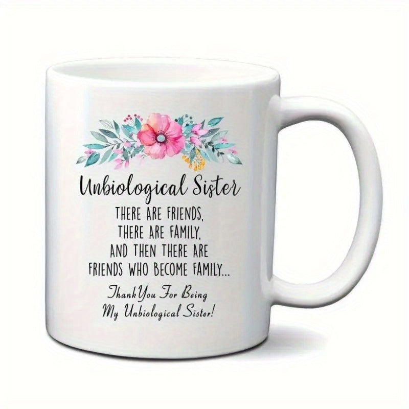 Tailorly White Ceramic 11 oz Mug - Unbiological Sister Elegant Watercolor Pink Flower Blooming Among Delicate Teal Leaves Flower