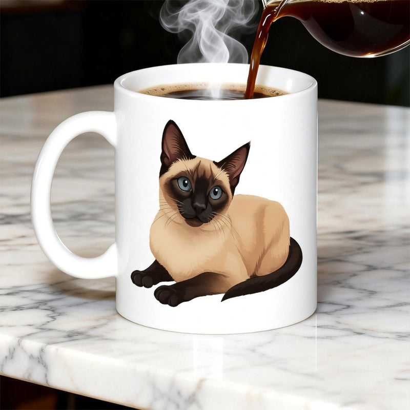 Tailorly White Ceramic 11 oz Mug - Elegant Siamese Feline Resting Peacefully With Beautiful Striking Blue Eyes Cat
