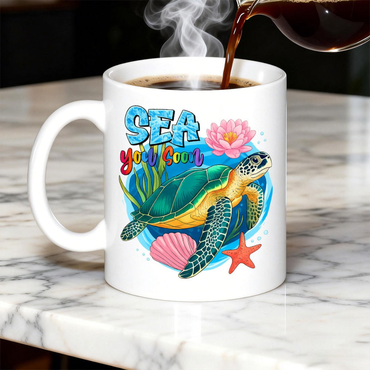 Tailorly White Ceramic 11 oz Mug - Sea You Soon Majestic Green Sea Turtle Swimming Among Coral And Pink Lotus Sea Turtle