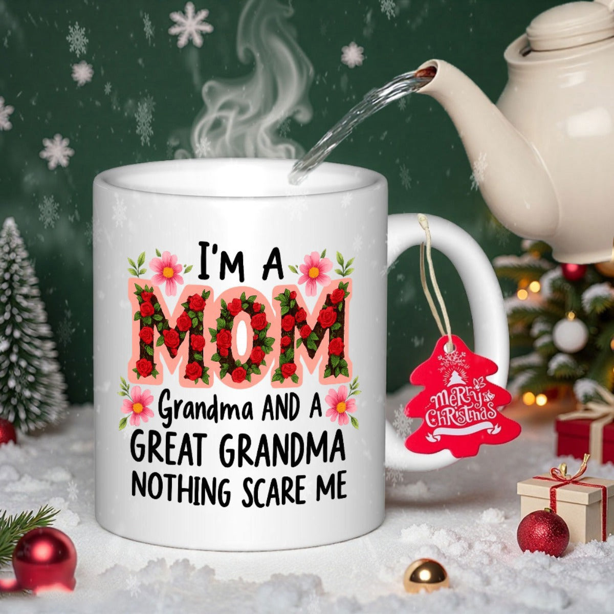 Tailorly White Ceramic 11 oz Mug - I'm A Mom Grandma And A Great Grandma Nothing Scare Me Featuring Vibrant Red Roses And Pink Flowers Mug