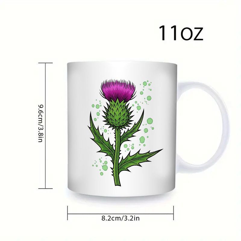 Tailorly White Ceramic 11 oz Mug - Vibrant Purple Bloom Atop Prickly Green Stem Surrounded By Splatters Thistle