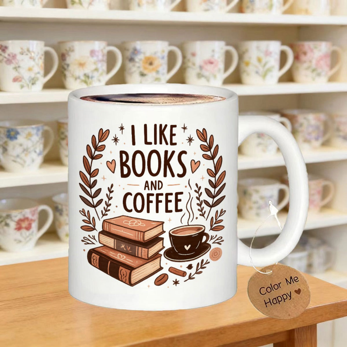 Tailorly White Ceramic 11 oz Mug - I Like Books And Coffee Vintage Stacked Books Beside A Steaming Hot Cup With Laurel Leaves Mug