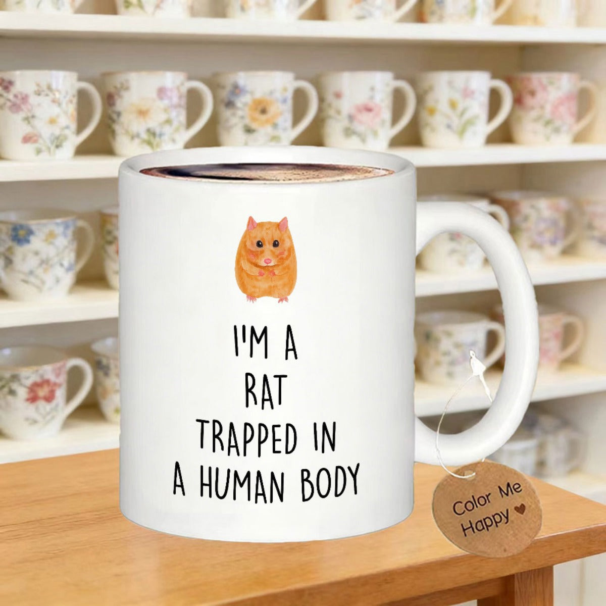 Tailorly White Ceramic 11 oz Mug - I Am A Rat Trapped In A Human Body Cute Small Orange Hamster Standing Upright Against Clean White Ceramic Hamster