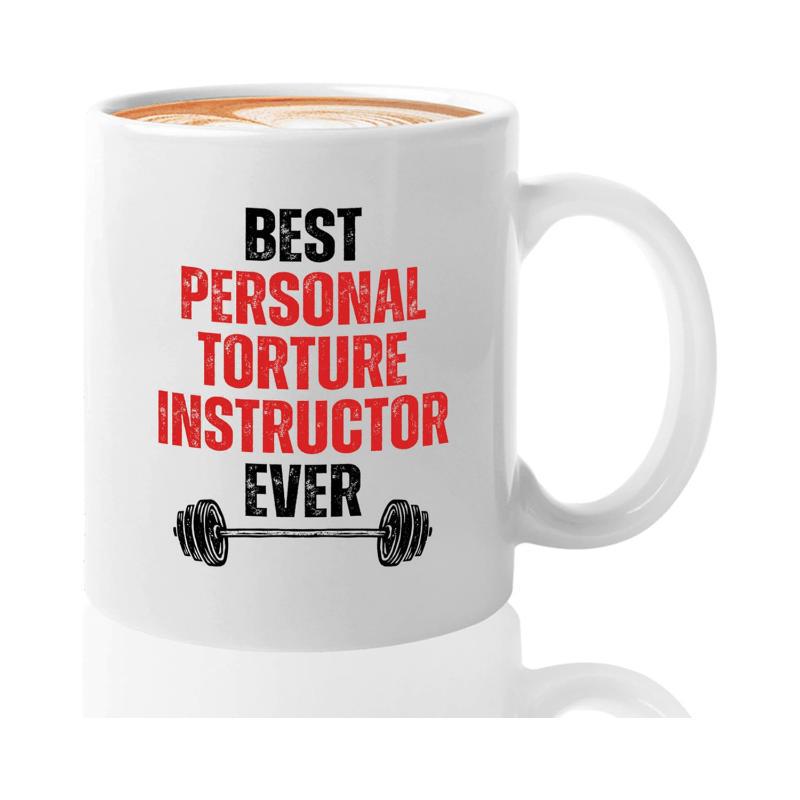 Tailorly White Ceramic 11 oz Mug - Best Personal Torture Instructor Ever Bold Distressed Lettering Featuring A Classic Heavy Weight Gym Equipment Barbell