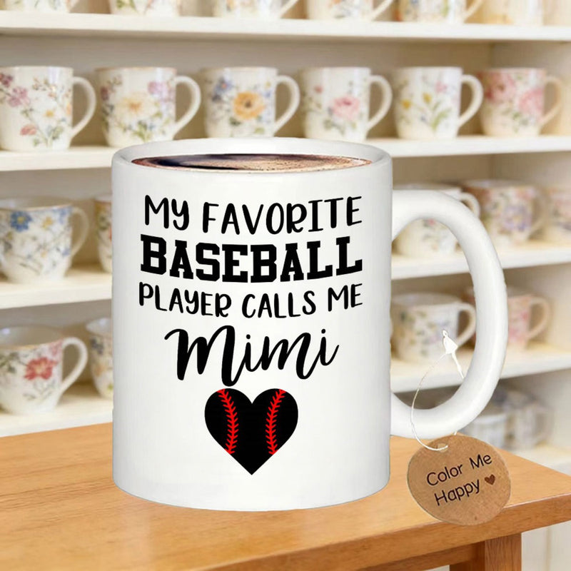 Tailorly White Ceramic 11 oz Mug - My Favorite Baseball Player Calls Me Mimi Sleek Black Heart Silhouette With Red Athletic Stitching Detail Heart