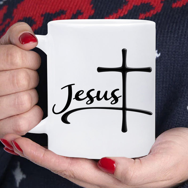 Tailorly White Ceramic 11 oz Mug - Jesus Minimalist Black Christian Cross Icon On A Simple White Background Cross