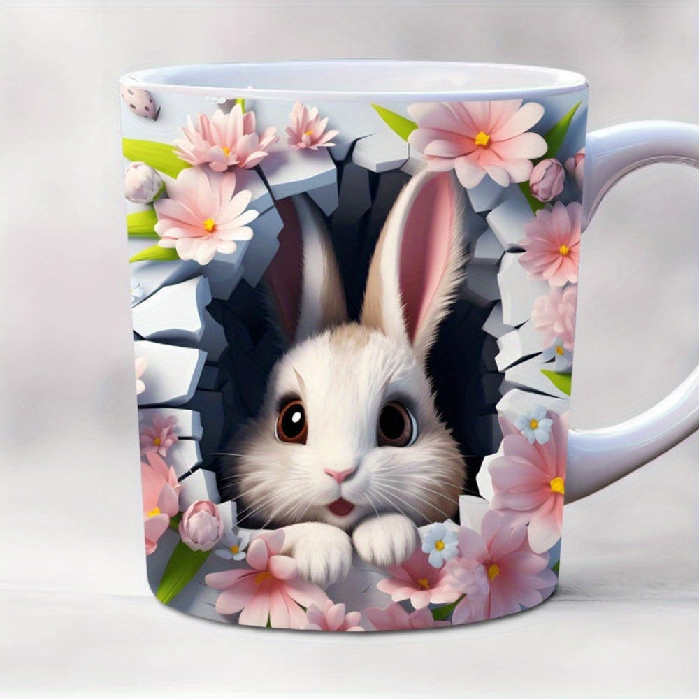 Tailorly White Ceramic 11 oz Mug - Adorable White Creature Emerging From Broken Wall Surrounded By Pink Blossoms Bunny